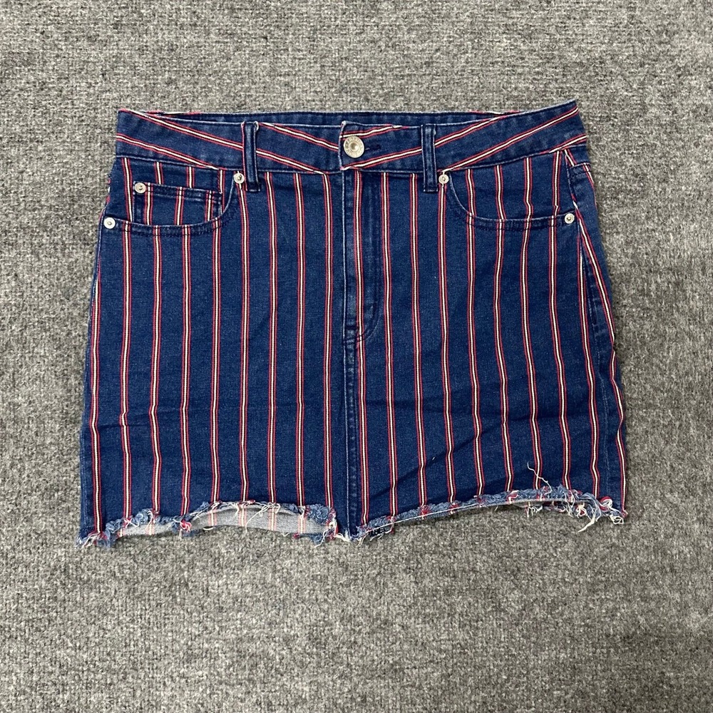 American Eagle Skirt Womens Size 12 Blue Red Stripe Denim Raw Hem Mini Casual